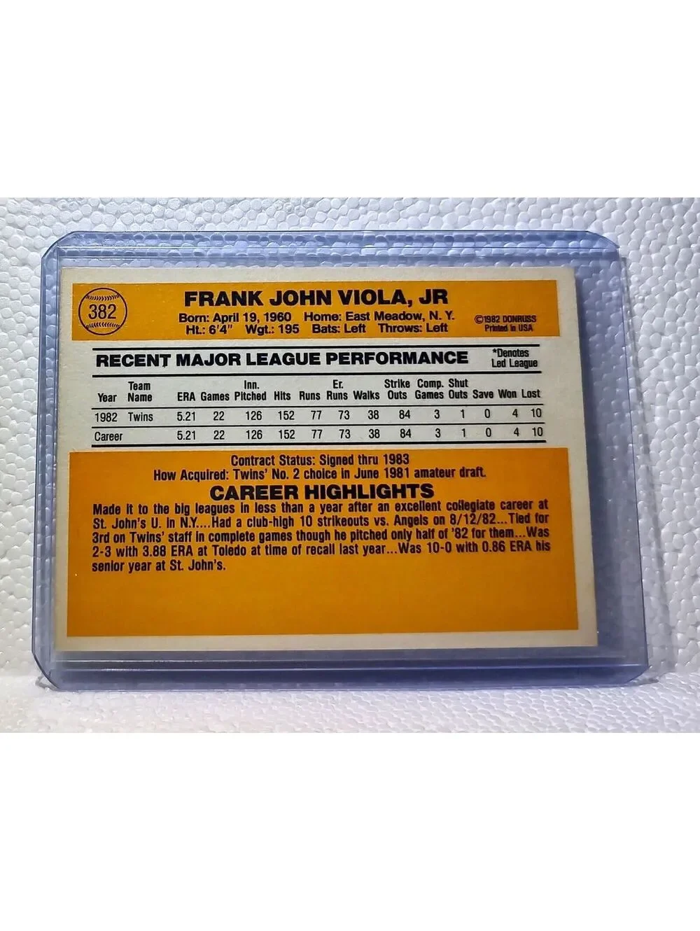 Frank Viola 1983 Donruss MLB #382 Baseball Card Minnesota Twins